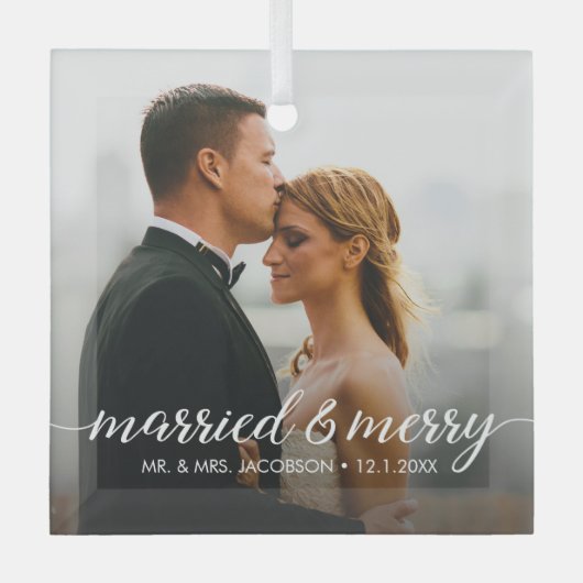 Getrouwd en Vrolijk Huwelijk Foto Eerste Kerstmis Glas Ornament (Voorkant)