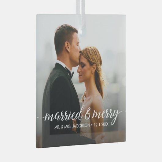 Getrouwd en Vrolijk Huwelijk Foto Eerste Kerstmis Glas Ornament (Voorkant Rechts)