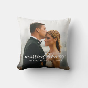 Getrouwd en Vrolijk Huwelijk Foto Eerste Kerstmis Kussen