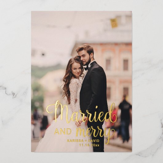 Getrouwd en vrolijk Huwelijksfoto Bedankt Folie Feestdagenkaart (Voorkant)