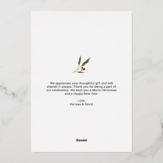 Getrouwd en vrolijk Huwelijksfoto Bedankt Folie Feestdagenkaart (Achterkant)