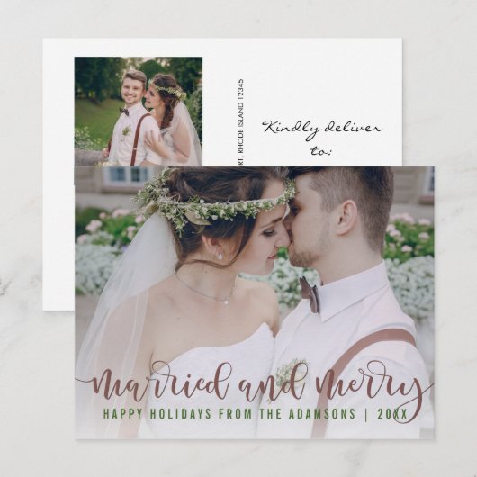 Getrouwd en vrolijk kalligrafie | Pas getrouwd Fot Feestdagenkaart (Voorkant / Achterkant)