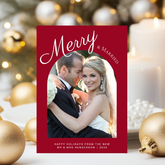 Getrouwd en Vrolijk Kerstfeest Arch Foto Rood Feestdagenkaart