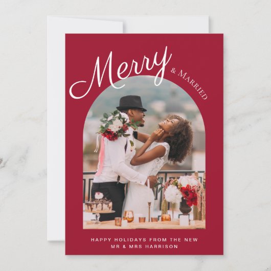 Getrouwd en Vrolijk Kerstfeest Gebogen Foto Rood Feestdagenkaart (Voorkant)