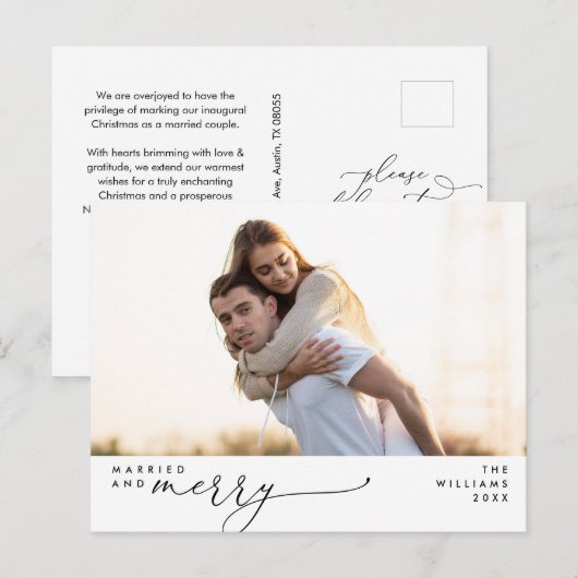 Getrouwd en Vrolijk Modern Script Foto Vakantie Briefkaart (Voorkant / Achterkant)