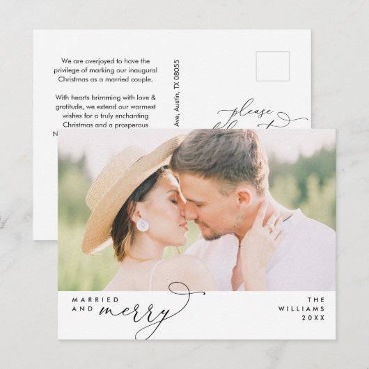 Getrouwd en Vrolijk Modern Script Foto Vakantie Briefkaart (Voorkant / Achterkant)