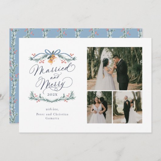 Getrouwd en vrolijk Multiphoto Eerste Kerst Kaart (Voorkant / Achterkant)