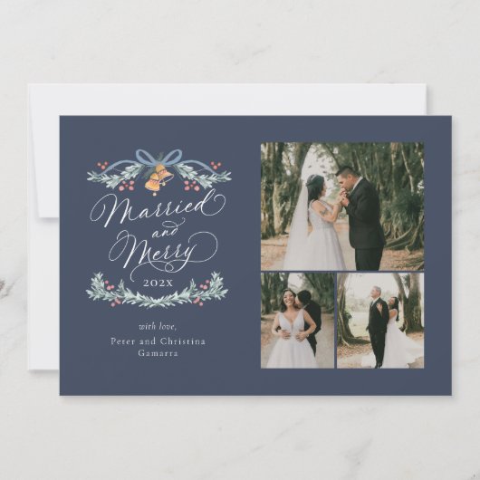 Getrouwd en vrolijk Multiphoto Eerste Kerst Kaart (Voorkant)