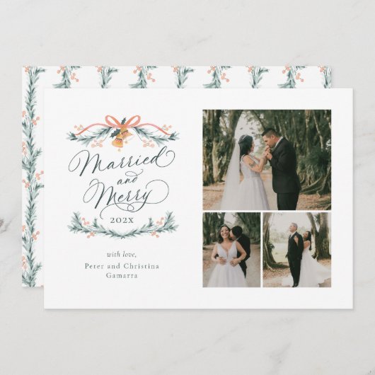 Getrouwd en vrolijk Multiphoto Eerste Kerst Kaart (Voorkant / Achterkant)