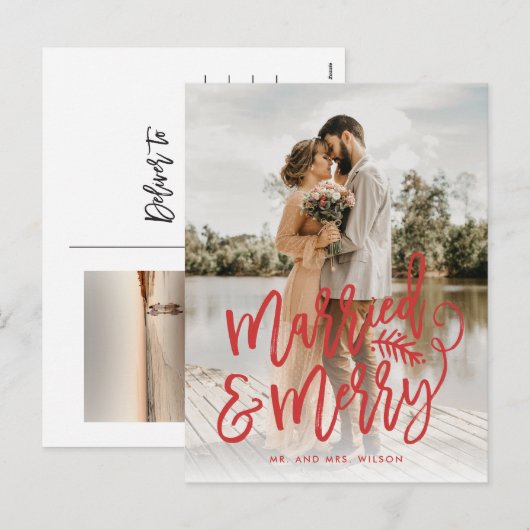 Getrouwd en vrolijk Nieuwgehuwd Kerst Foto Rood Feestdagenkaart (Voorkant / Achterkant)