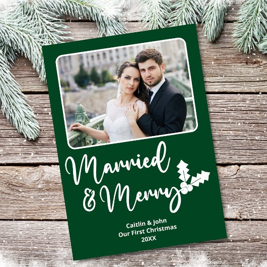 Getrouwd en Vrolijk Pas getrouwd Eerste Kerstmis F Feestdagenkaart
