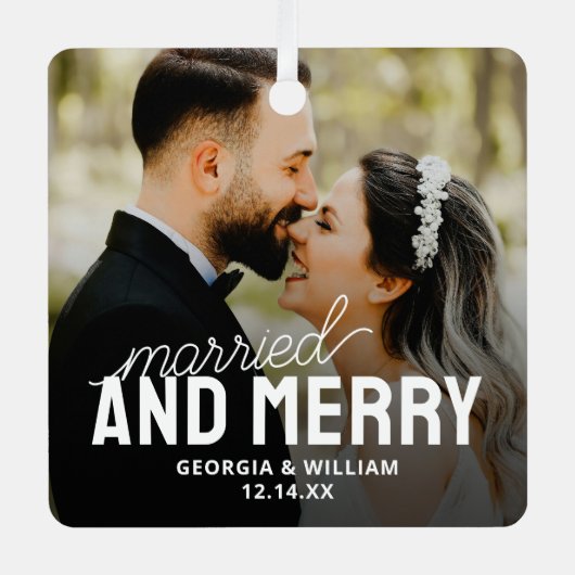 Getrouwd en vrolijk Pas getrouwd Keepsake Foto Metalen Ornament (Voorkant)