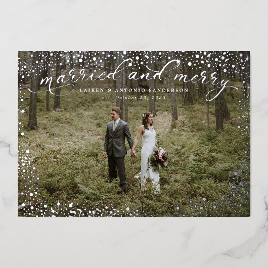 Getrouwd en vrolijk pasgetrouwd huwelijk folie feestdagenkaart (Voorkant)