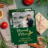Getrouwd en Vrolijk Passen getrouwd 1e Kerstmis Gr Folie Feestdagenkaart