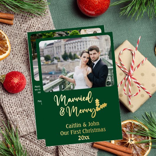 Getrouwd en Vrolijk Passen getrouwd 1e Kerstmis Gr Folie Feestdagenkaart