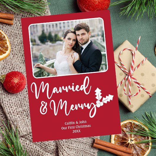 Getrouwd en Vrolijk Passen getrouwd Eerste Kerstmi Feestdagenkaart