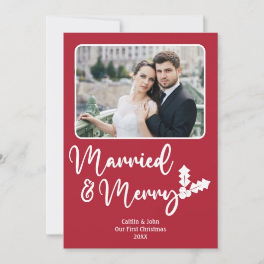 Getrouwd en Vrolijk Passen getrouwd Eerste Kerstmi Feestdagenkaart (Voorkant)