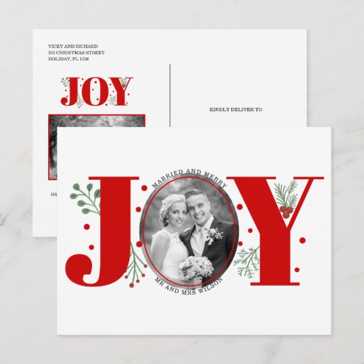 Getrouwd en vrolijk rood JOY kerstvakantie foto Briefkaart (Voorkant / Achterkant)