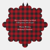 Getrouwd en vrolijk trouwfoto Red Plaid Ornament Kaart (Achterkant)