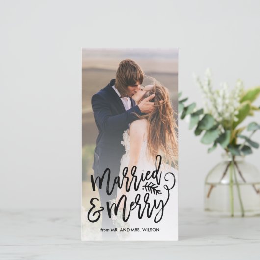 Getrouwd en vrolijk vakantie Foto wit Feestdagenkaart (Staand voorkant)