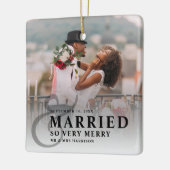 Getrouwd en zo erg vrolijk bruiloft foto Pas getro Keramisch Ornament (Links)