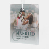 Getrouwd en zo erg vrolijk foto bruiloft Passen ge Glas Ornament (Voorkant links)