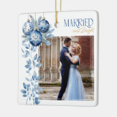 Getrouwd & helder 2 vierkante bruiloft foto keramisch ornament (Links)