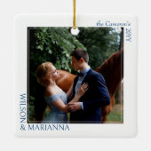 Getrouwd & helder 2 vierkante bruiloft foto keramisch ornament (Achterkant)