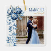 Getrouwd & helder 2 vierkante bruiloft foto keramisch ornament (Voorkant)