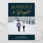 Getrouwd Helder Blauw Goud Script Foto Kerstmis Folie Feestdagenkaart (Voorkant)