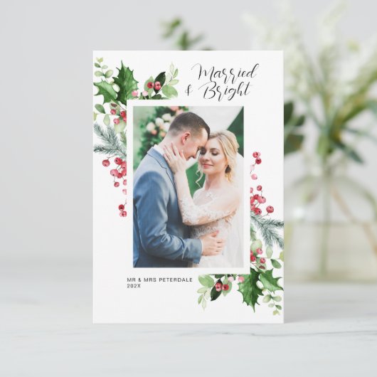 Getrouwd & Helder Kerstmis bruiloft aankondiging (Staand voorkant)