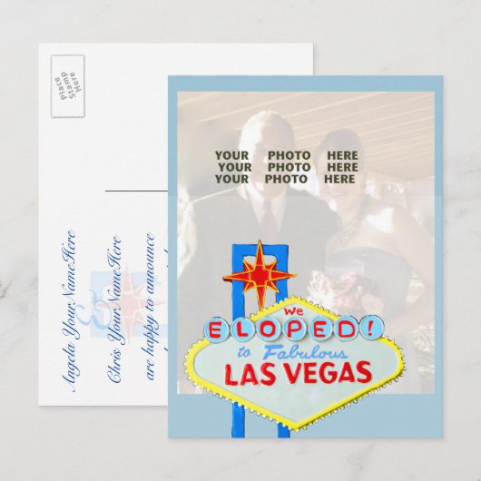 Getrouwd in Las Vegas Fotoaankondiging Blauw Aankondigingskaart (Voorkant / Achterkant)