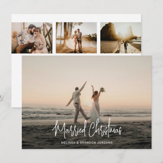 Getrouwd Kerst Handgeschreven Script 4 Fotostrip Feestdagenkaart (Voorkant / Achterkant)