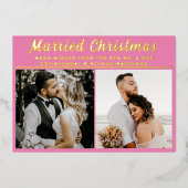 Getrouwd Kerst Pas getrouwd Borstel Script 3 Foto Folie Feestdagenkaart (Voorkant)