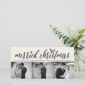 Getrouwd kerstfeest Holly Mistletoe 3 Foto bruilof Feestdagenkaart (Staand voorkant)