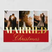 Getrouwd Kerstmis 3 Foto Collage Rood Wit Folie Folie Feestdagenkaart (Voorkant)