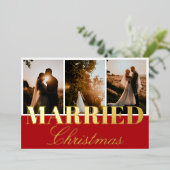 Getrouwd Kerstmis 3 Foto Collage Rood Wit Folie Folie Feestdagenkaart (Staand Voorkant)