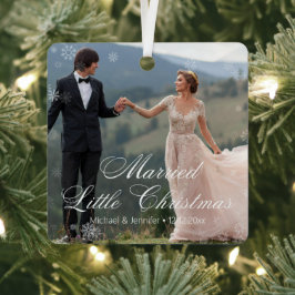 getrouwd klein kerst bruiloft 2 foto's sneeuwachti metalen ornament