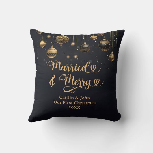 Getrouwd Merry 1e Kerst Nieuwgetrouwd Goud Zwart Kussen (Achterkant)
