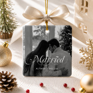 Getrouwd Modern Minimaal Zwart-Wit Foto Keramisch Ornament