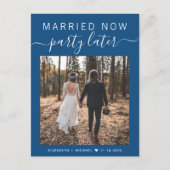 Getrouwd Nu Feest Later Foto Blauwe Trouwdag Aankondigingskaart (Voorkant)