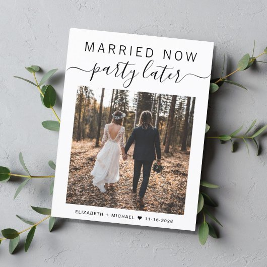 Getrouwd Nu Feest Later Foto Huwelijk Aankondigingskaart