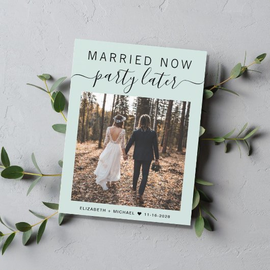 Getrouwd Nu Feest Later Foto Mint Trouwen Aankondigingskaart
