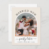 Getrouwd Nu Feest Later Gebogen Foto Bruiloft Aankondigingskaart (Voorkant / Achterkant)