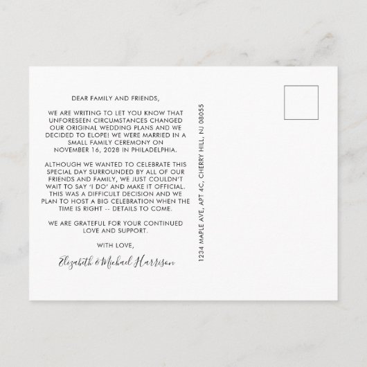 Getrouwd Nu Feest Later Gebogen Foto Bruiloft Aankondigingskaart (Achterkant)