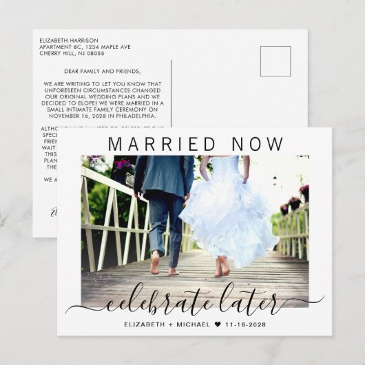 Getrouwd nu vieren op later tijdstip Fotobruiloft Aankondigingskaart (Voorkant / Achterkant)