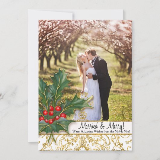 Getrouwd op Vrolijk Kerstmis Goud Glitter Holly Fo Feestdagenkaart (Voorkant)