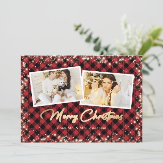 Getrouwd Paar Rood Plaid Foto Vrolijk Kerstfeest Feestdagenkaart (Staand voorkant)