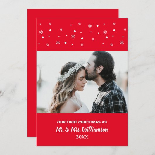 Getrouwd Stel Onze Eerste Kerstmis Aangepaste Foto Feestdagenkaart (Voorkant / Achterkant)