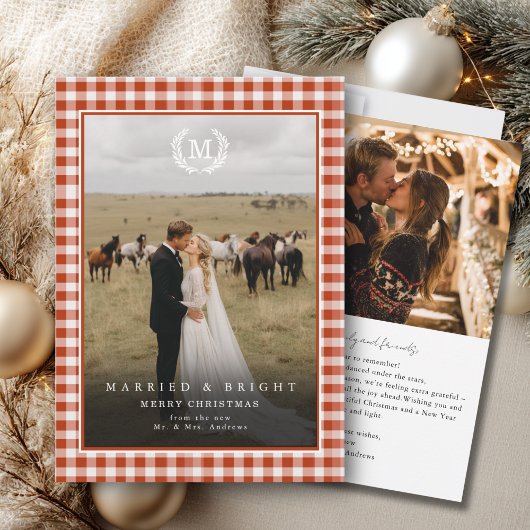 "Getrouwd & Stralend" Gingham Monogram Wapen 2 Fot Bedankkaart